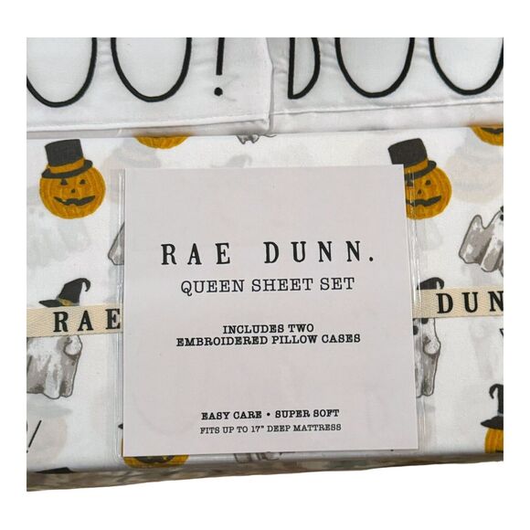 Rae Dunn Queen Sheet Set BOO Halloween Ghost Pumpkins Goth Witchy Decor NEW 2024 - Picture 3 of 8